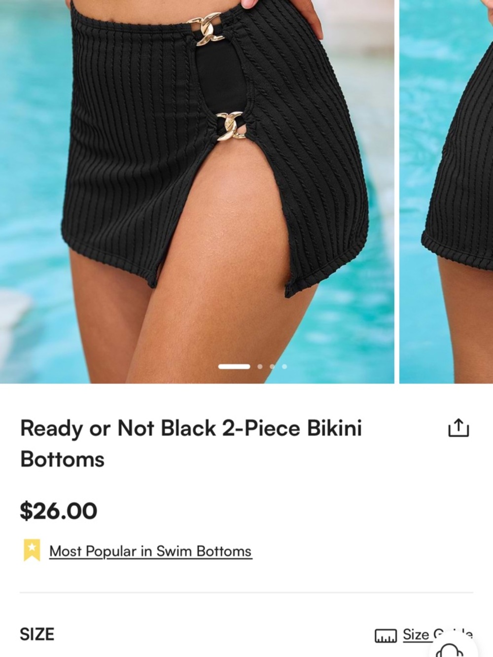 NWT Cupshe Black Ribbed High-Slit Bikini Bottoms with gold ring sarong